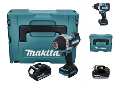A collage of images showing a Makita impact wrench, its case, and batteries.