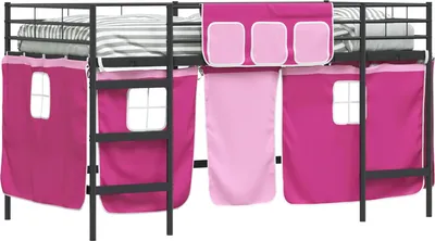 Immagine prodotto di Struttura letto a soppalco per bambini vidaXL con tende in tinta unita, nero e rosa