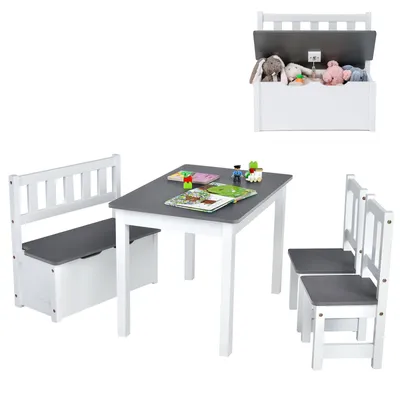 Produktbild von COSTWAY 4 TLG. Kindersitzgruppe mit Stauraum, Kindertisch mit 2 Stühlen & Sitzbank, Maltisch, Sitzgruppe Kindersitzgarnitur für Kinder ab 3+, Grau