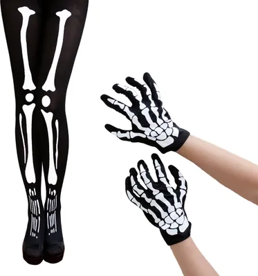 Produktbild von Oblique Unique Skelett Kostüm Accessoire Set - Skelett Strumpfhose + Skelett Handschuhe für Halloween Fasching uvm