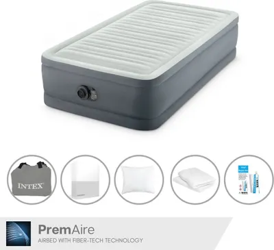 Obrázek produktu pro Intex Airbed - 1 osoba - 99 x 191 x 46 cm - šedá - s elektrickou pumpou, bílým prostěradlem, polštářem, povlaky na polštáře Molton 2 v 1 a opravnou sadou