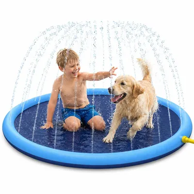 Produktbild von Hundepool mit Sprinkler Matte 170cm, XXL Wasserspielmatte für Hunde und Kinder, rutschfester PVC Spritzpool für Garten, Sommer Spielzeug für Haustiere