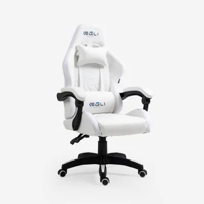 A white gaming chair with black accents is shown against a plain white background.