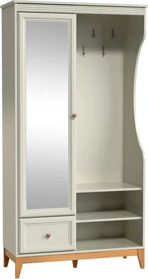 A standalone wardrobe with a mirror and shelves.