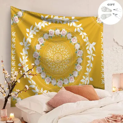 Produktbild von 200cm * 150cm Mandala Wandteppich,Böhmische Wand Art ästhetischem Kranzdesign Tagesdecke Wandbehänge Tapisserie Wandteppich（Gelb）