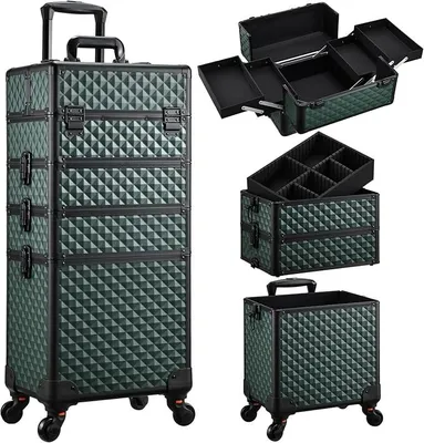 Produktbild von Kosmetikkoffer Trolley 4-in-1 Kosmetikkoffer Groß Kosmetik Trolley Make up Koffer Schminkkoffer mit Rollen Friseurkoffer Alu Beauty Case Nagelkoffer Multikoffer, Dunkelgrün