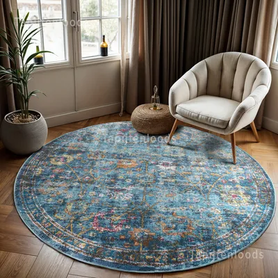Productafbeelding van Unyqoos® Vintage Rond Tapijt Picasso Sarough – Blauw, Ø 200 cm, 100% Polypropyleen, laagpolig (6 mm), met een gebruikte uitstraling, geschikt voor vloerverwarming