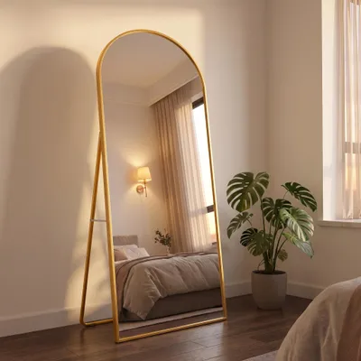 Zdjęcie produktu dla Lustro stojące INONEFT, panoramiczne, 180x80 cm, z ramą w kolorze złota. Duże lustro do zawieszenia na ścianie lub do postawienia na podłodze. Stabilna konstrukcja, idealne do salonu, sypialni