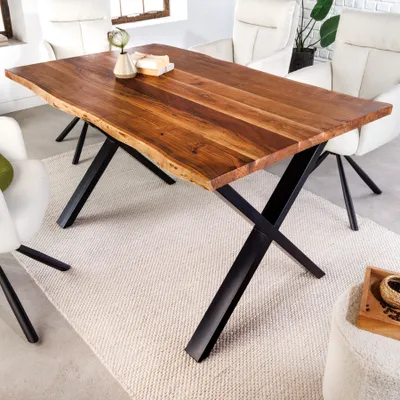 Produktbild von riess-ambiente Esstisch MAMMUT 160cm natur schwarz Akazie Baumkante massiv X-Gestell 2,6 cm Platte industrial 6 Personen