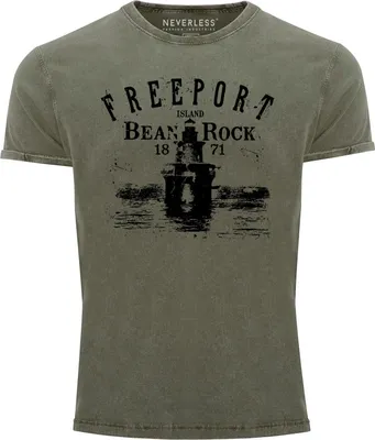 Produktbild von Herren Vintage Shirt Retro Print Leuchturm Schriftzug Freeport Island Neverless® oliv M