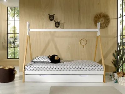 Produktbild von Vipack - Tipi Zelt Bett Liegefläche 90 x 200 cm, inkl. Rolllattenrost und Bettschublade (Weiß), Ausf. Kiefer massiv natur/weiß