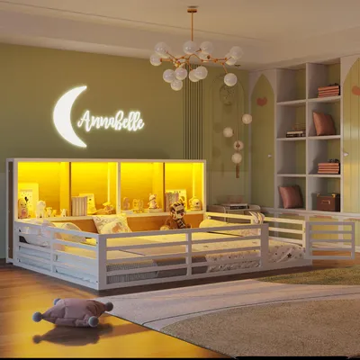 A child's bedroom with a bed, shelves, and decorative lighting.