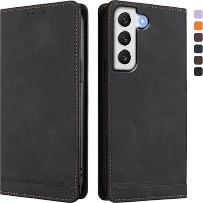 Image de Etui pour Samsung Galaxy S22 5G, étui rétro en cuirPolyuréthaneavec support et fentes pour cartes de crédit Noir