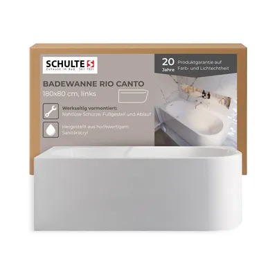 Produktbild von Schulte Badewanne 180x80 cm Links Komplettset mit vormontierter Schürze, Fußgestell und Ab- und Überlauf, Rechteckbadewanne Rio Canto weiß Acryl