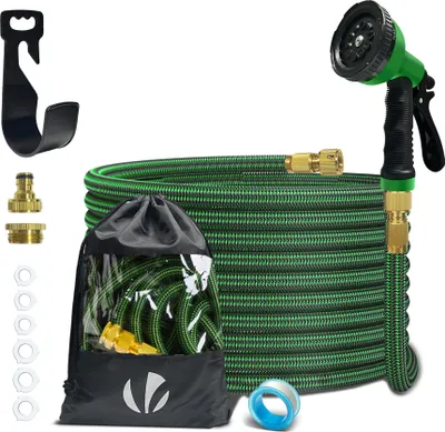 Produktbild von VOUNOT® Flexibler Gartenschlauch 15m, Flexibel Wasserschlauch Dehnbarer mit 10 Sprühfunktionen,Messinganschlüssen,Grün