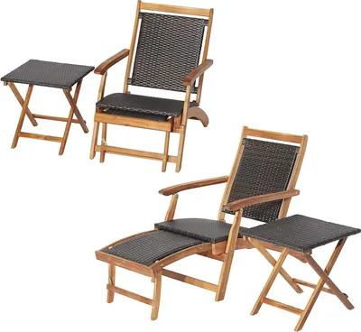 Immagine prodotto di Sedia pieghevole KOMFOTTEU con funzione reclinabile, sedia a sdraio in rattan con tavolino ribaltabile, sedia da giardino a scomparsa con tavolino, sdraio da giardino pieghevole con struttura in legno per giardino, terrazza e balcone