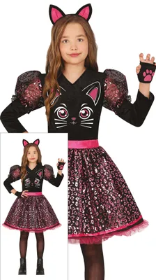 Obrázok produktu pre Kostým mačky pre dievčatá, čierna farba, s mačacími ušami na čelenke, šaty, motív mačiatka, vhodný na Halloween alebo karneval, veľkosť: 140/146