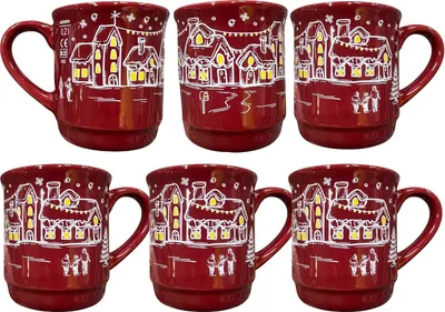 Produktbild von 6x Glühweinbecher „Winterlandschaft“ rot 0,2 L – Steinzeug, geeicht, Wintermotiv