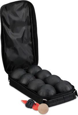 Image de Billes de pétanque Relaxdays, lot de 8 billes en métal avec bille de pointage et mesureur de distance, sac de transport, jeu de pétanque, acier, noir