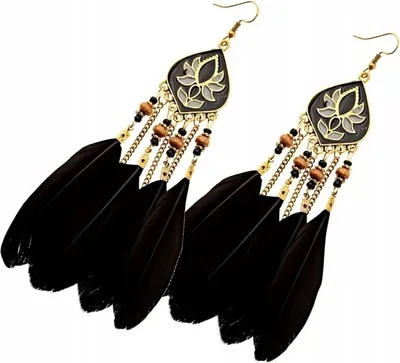 Zdjęcie produktu dla Kolczyki - styl boho - orientalny motyw - wysokiej jakości wykonanie - komfort noszenia - metal i pióra - elegancka długość