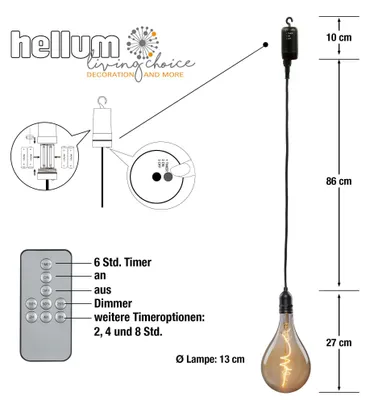 Productafbeelding van Hellum hanglamp met batterij, afstandsbediening en timer, geschikt voor buiten, diameter 13 cm, hoogte 27 cm