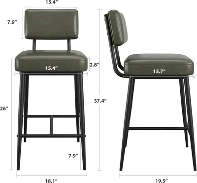 Zdjęcie produktu dla Zestaw 4 krzesła barowych - wysokość 66 cm. Krzesła z oparciem. Ergonomiczne oparcie. Siedzisko obite sztuczną skórą. Metalowa konstrukcja. Kolor: zielony
