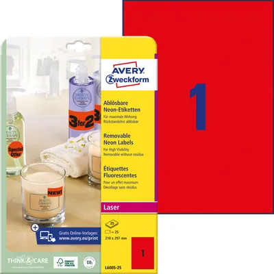 Produktbild von Avery Zweckform L6005-25 Etiketten in Sonderfarben, 210 x 297 mm, 25 Blatt/25 Etiketten, neonrot