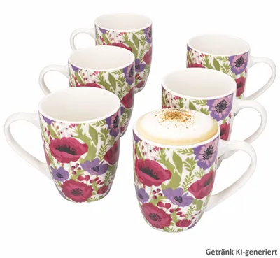 Image de Anouk, lot de 6 tasses à café 300 ml en porcelaine, motif floral coloré, tasse à thé à fleurs