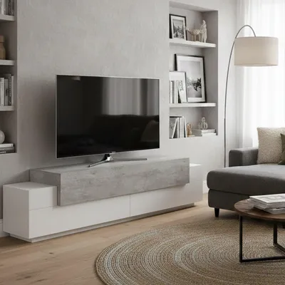 Image de Arold - Meuble TV 200x45x52h cm Blanc Brillant, 3 Étagères Italy