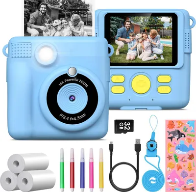 Produktbild von Kinder Digitalkamera mit Sofortdruck, 2,4 Zoll Display, 1080P, Geschenk für Mädchen und Jungen ab 3 Jahren, blau