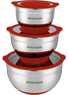 Zdjęcie produktu dla Zestaw misek do sałatek - ARTHUR MARTIN - AM032 - 16-20-24 cm - Szczelne pokrywki - Stal nierdzewna - Antypoślizgowa silikonowa podstawa