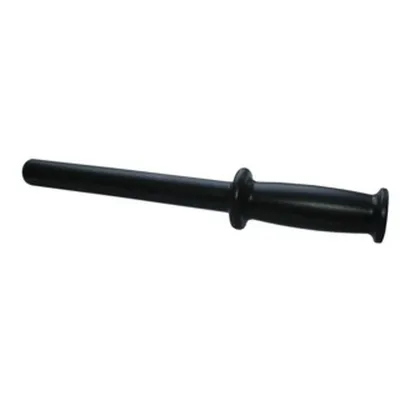 A black pusher for a garden shredder is shown against a white background.