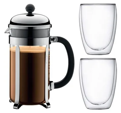 Zdjęcie produktu dla Zestaw Bodum CHAMBORD: dzbanek do parzenia kawy na 8 filiżanek (1,0 l) oraz 2 podwójne szklanki (0,35 l), wykonane z poliwęglanu i stali nierdzewnej