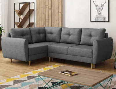 Produktbild von Easy4You Dunkelgrau Ecksofa Manstad in L-Form 234x90x160 cm mit Schlaffunktion und Bettzeugbehälter - Schlafsofa mit Bettkasten und Holzfüße - Eckcouch Links mit Stauraum - Stoff: Lux 06
