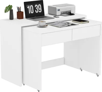 A white desk with a laptop, printer, and coffee cup on it, set against a white background.