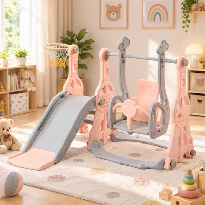 Productafbeelding van INONEFT 4-in-1 kinder glijbaan, speelgoed glijbaan met basketbalring, schommel, geschikt voor binnen en buiten, glijbaan voor de tuin, voor kinderen van 1-3 jaar, roze