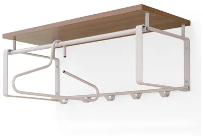 Wandgarderobe REX 3 Silky Taupe mit Holzablage oben, weißem Metallrahmen und fünf Haken in Gesamtansicht.