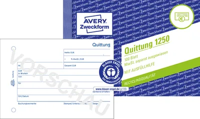 Produktbild von Avery Zweckform 1250, Quittung MwSt. separat ausgewiesen, A6 quer, Recycling-Papier, 100 Blatt