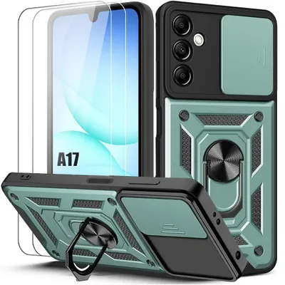 Image de Coque + 2 Verres Trempés pour Samsung Galaxy A17 4G/5G, Protection Antichoc Rigide avec Anneau - Vert Nuit