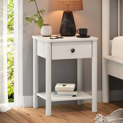 Produktbild von Nachttisch APOANA mit Schublade und Ablage weiß - aus massivem Kiefernholz, Nachtschrank skandinavisch modern Landhausstil