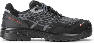 A side view of a black and gray safety shoe.