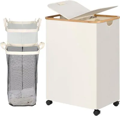Imagen del producto de Cesta de ropa compartimentada con tapa y ruedas, de 160 litros, color beige