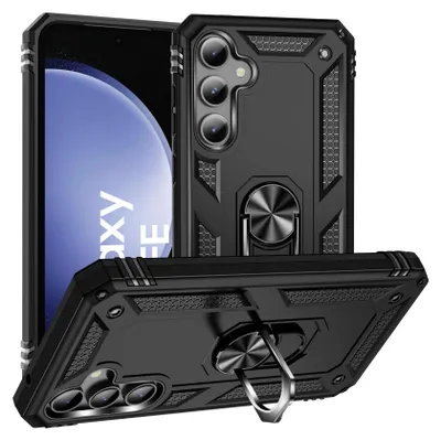 A black protective phone case with a ring stand is shown from multiple angles, with a portion of a smartphone visible.