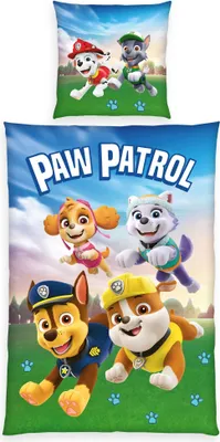 Produktbild von Herding Renforcé Wende Bettwäsche 2 tlg. 135x200cm Paw Patrol Hundepatrouille Wiese Blau Knopfleiste
