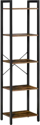 Produktbild von Bücherregal in industrieller Stil mit 5 Regalen, mobiler Bücherregal aus Holz und Stahl für Haus, Büro und Arbeitszimmer, rustikaler Braun