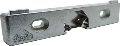 A metal door latch mechanism with a logo on a white background.