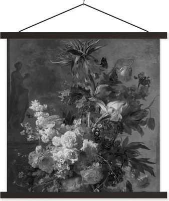 Produktbild von MuchoWow® Textilposter Stilleben mit Blumen - Gemälde von Jan van Huysum - schwarz und weiß 40x40 cm mit schwarzem Rahmen - Fotos