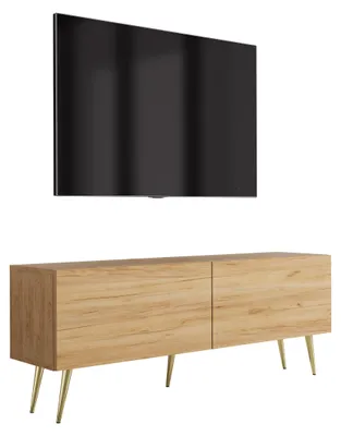 Imagen del producto de Mueble de televisión con patas inclinadas doradas, madera de roble, 140 x 32 x 52 cm