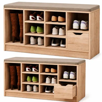 Image de Meuble de rangement pour chaussures avec banc intégré, couleur marron, avec tiroir, 100 cm