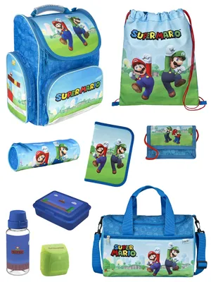 Produktbild von Schulranzen 1. Klasse für Jungen und Mädchen in Blau mit Super Mario Motiv 9 tlg. Schultaschen Set mit Brotdose, Trinkflasche und Sporttasche